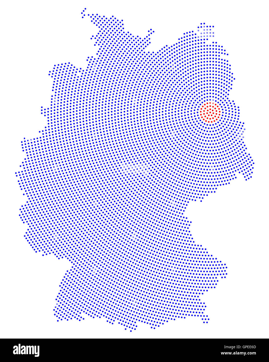 Deutschland Karte radial Punktmuster. Blaue Punkte gehen von den roten gepunkteten Hauptstadt Berlin nach außen und bilden die Land-Silhouette. Stockfoto