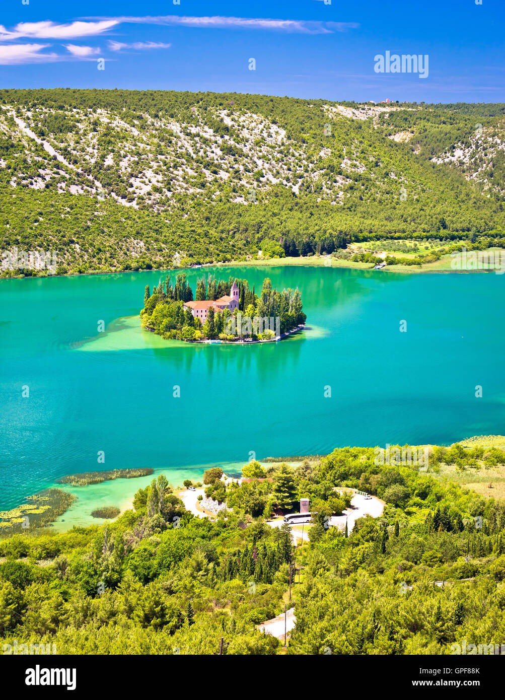 Visovac See Insel Kloster Luftaufnahme, Nationalpark Krka, Kroatien Stockfoto