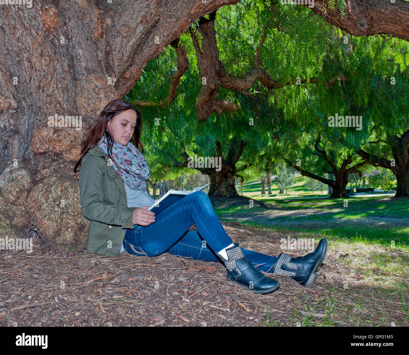 Weibliche College-Student im Schatten ein Buch zu lesen. Stockfoto