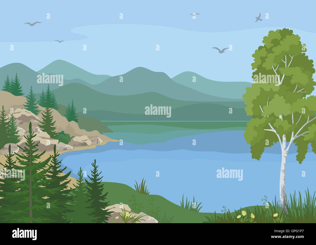 Landschaft mit Bäumen und Bergsee Stock Vektor