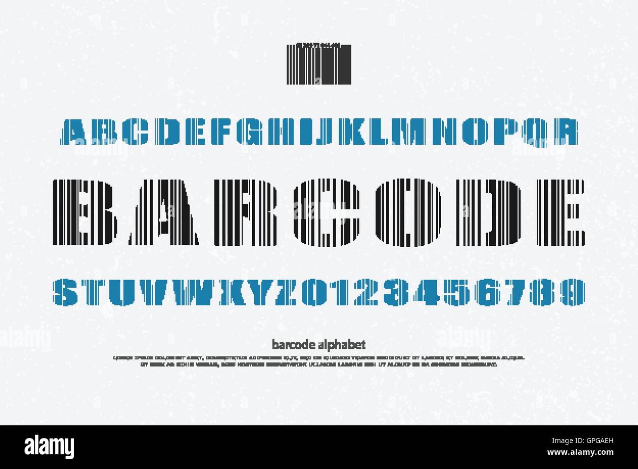 Barcode-Stil Alphabet Buchstaben und zahlen. Vektor-Font Schriftgestaltung. Merchandise Schriftzug Symbole. Linien Muster Schriftsatz. TEC Stock Vektor