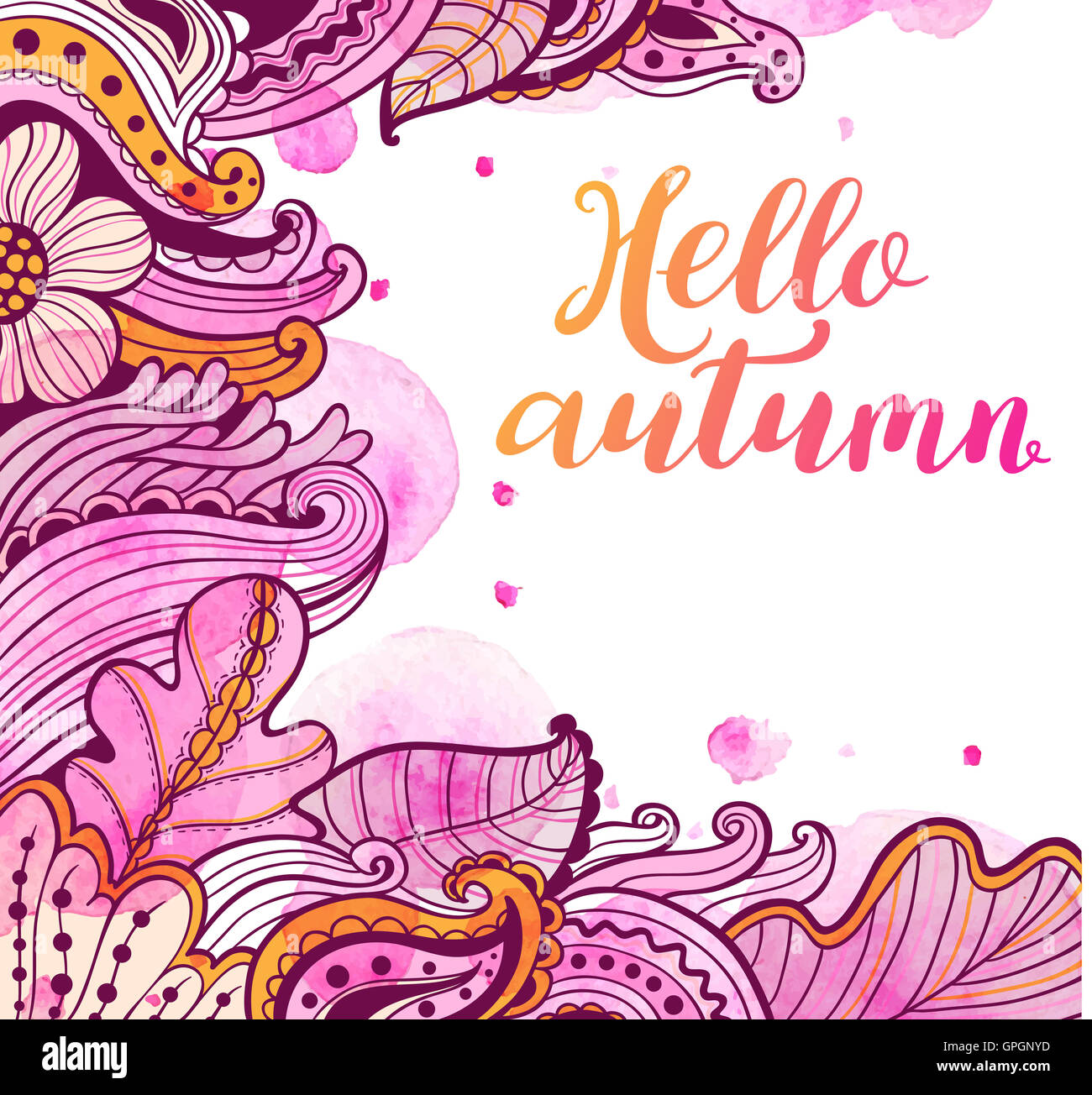 Abstrakte Blumen Herbst Hintergrund mit rosa Aquarell Flecken.  "Hallo Herbst"-Schriftzug. Stockfoto