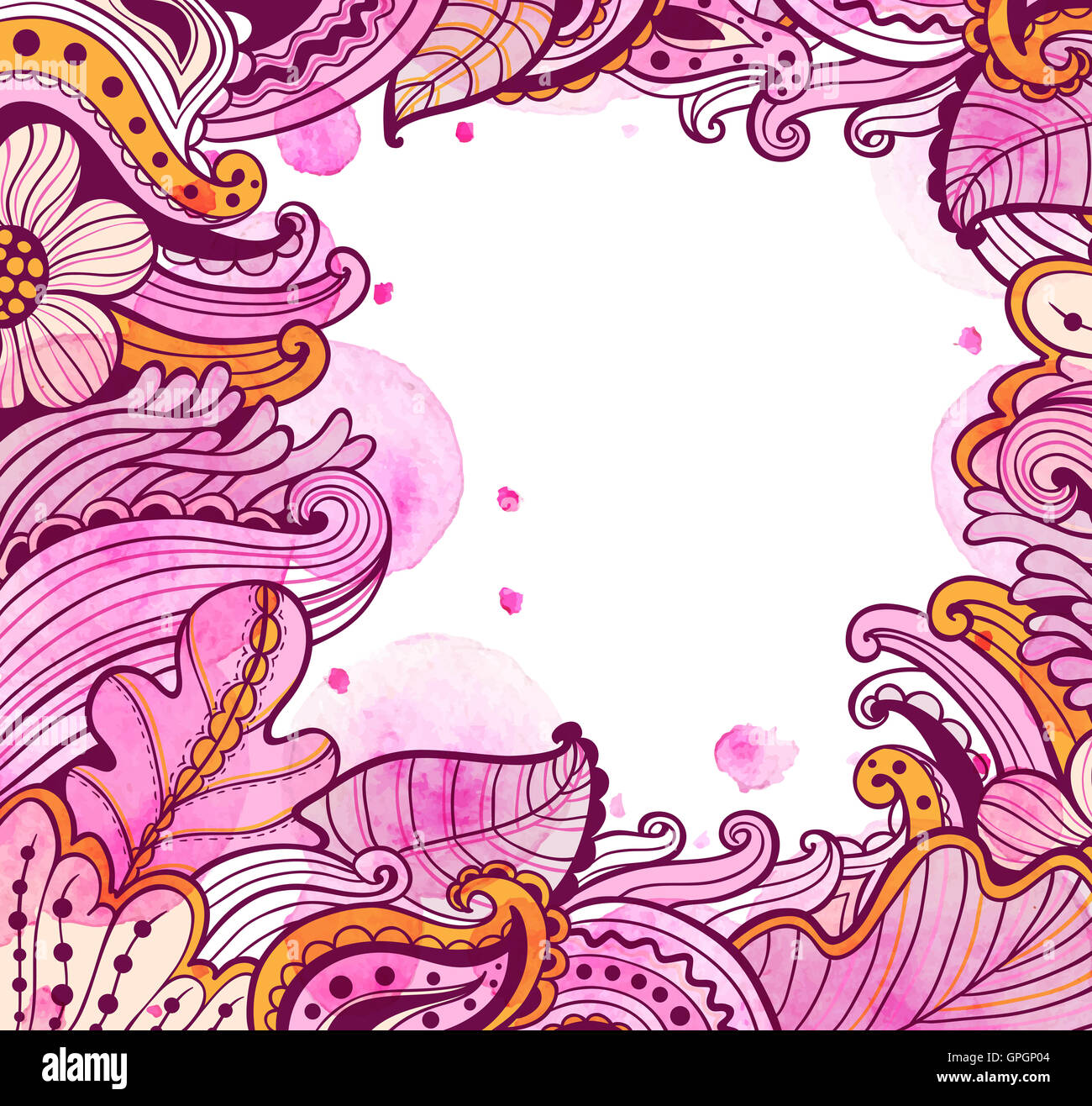 Abstrakte Herbst Blumenrahmen mit Aquarell rosa Flecken. Stockfoto