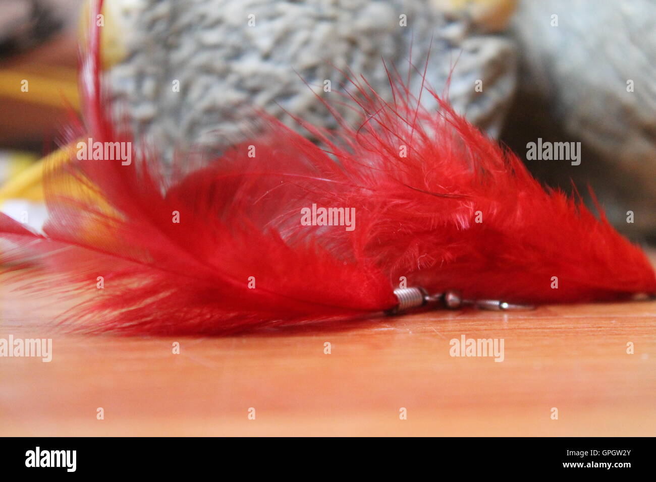 paar rote flauschige Ohrringe aus Federn schönes Dekor für Party-time Stockfoto
