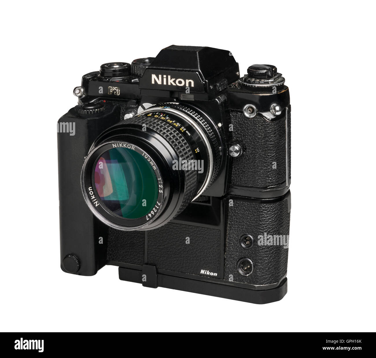 1990 Nikon F3 professionellen 35mm Film Kamera withMD4 Motordrive und 105 mm Objektiv Stockfoto