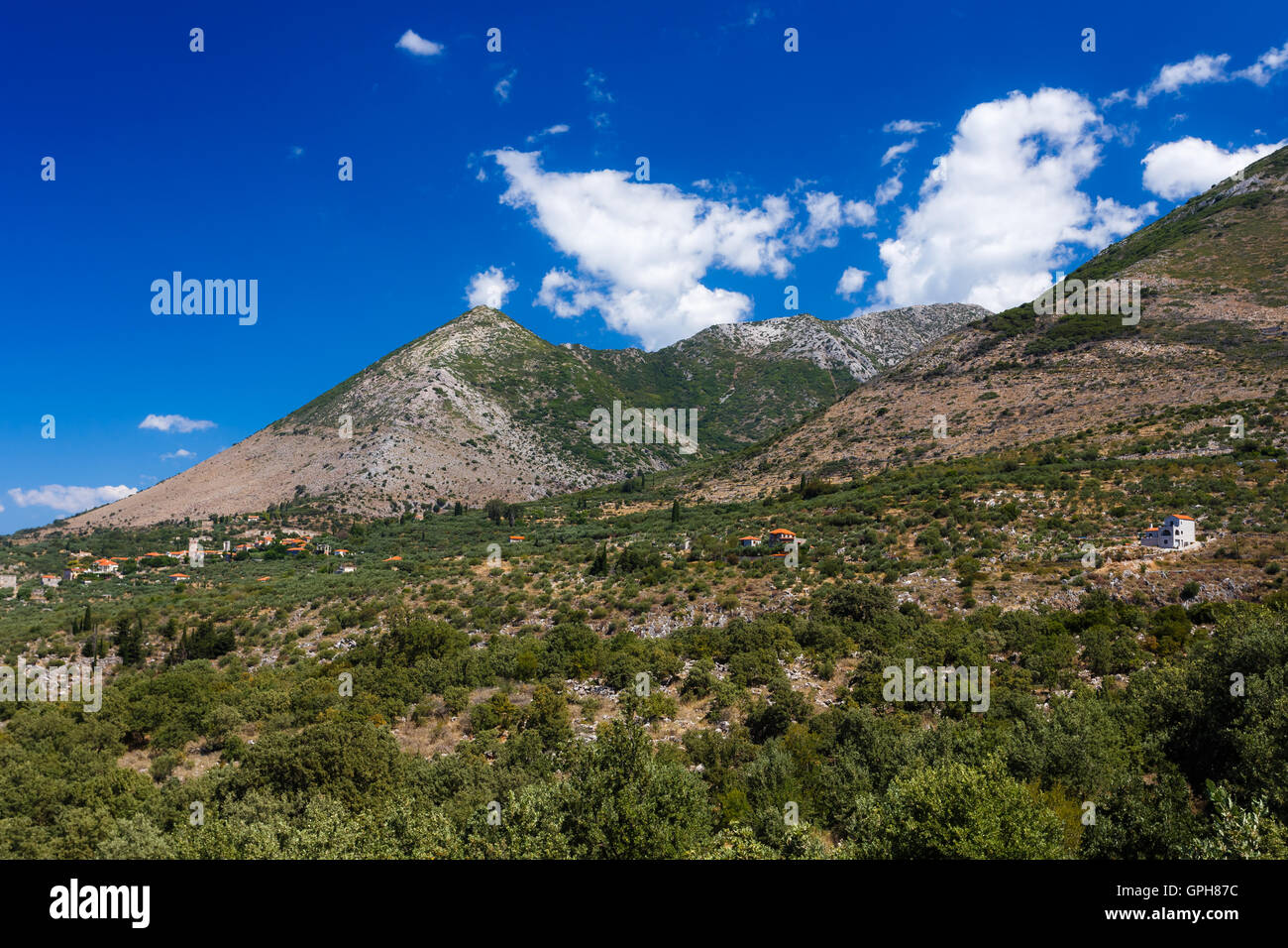 Das Taygetos-Gebirge in grünen Bäumen vor einem teilweise bewölkten Himmel bedeckt. Stockfoto