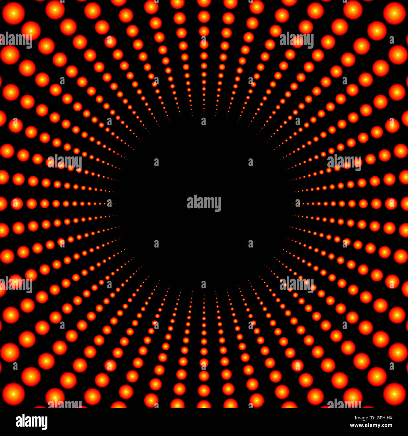 Rohr oder Tunnel mit schwarzem Zentrum bestehend aus roten leuchtenden Kugeln oder Lampen. Stockfoto