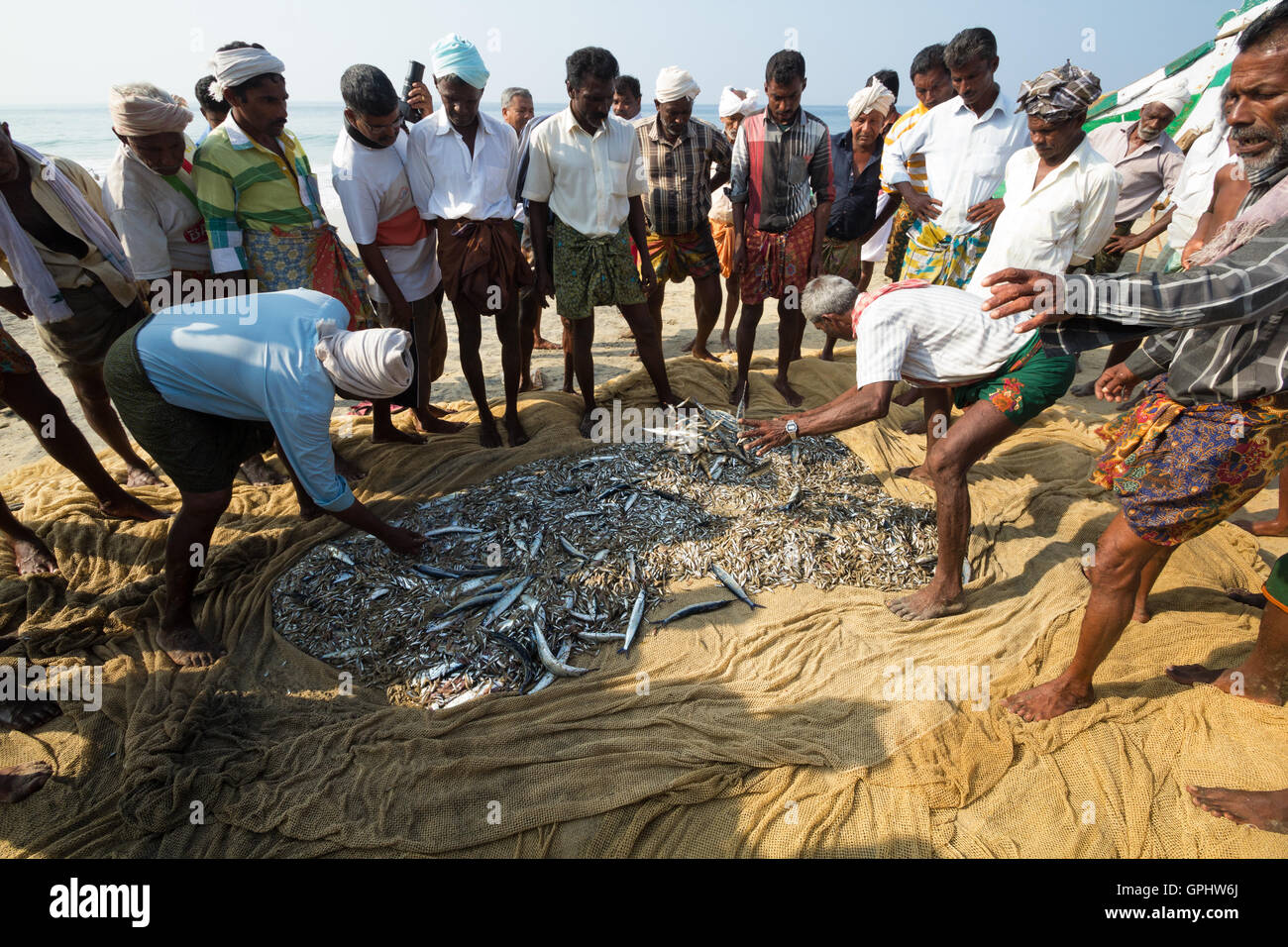 Fischer fangen Fische in ihre traditionelle Weise. Eine morgendliche Aussicht von Vizhinjam Beach, Kerala, Indien Stockfoto