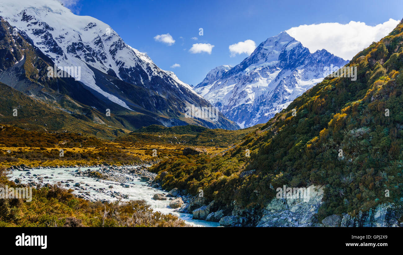 Panoramablick auf Mount Cook von Hooker Valley Trail, New Zealand Stockfoto