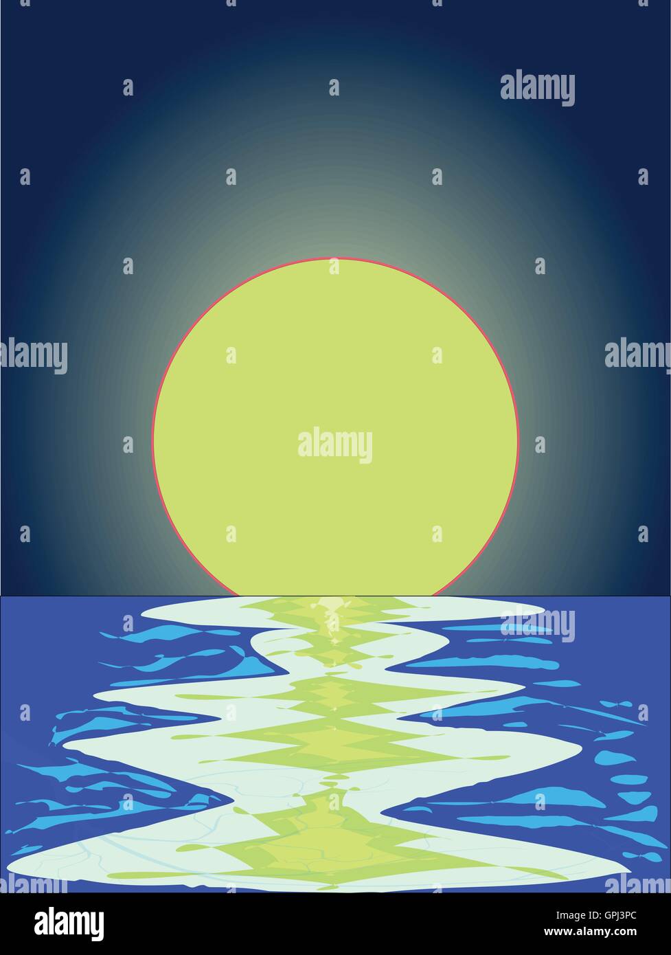 Einen blauen Abend über Wasser mit Wellen und einem großen Mond Stock Vektor