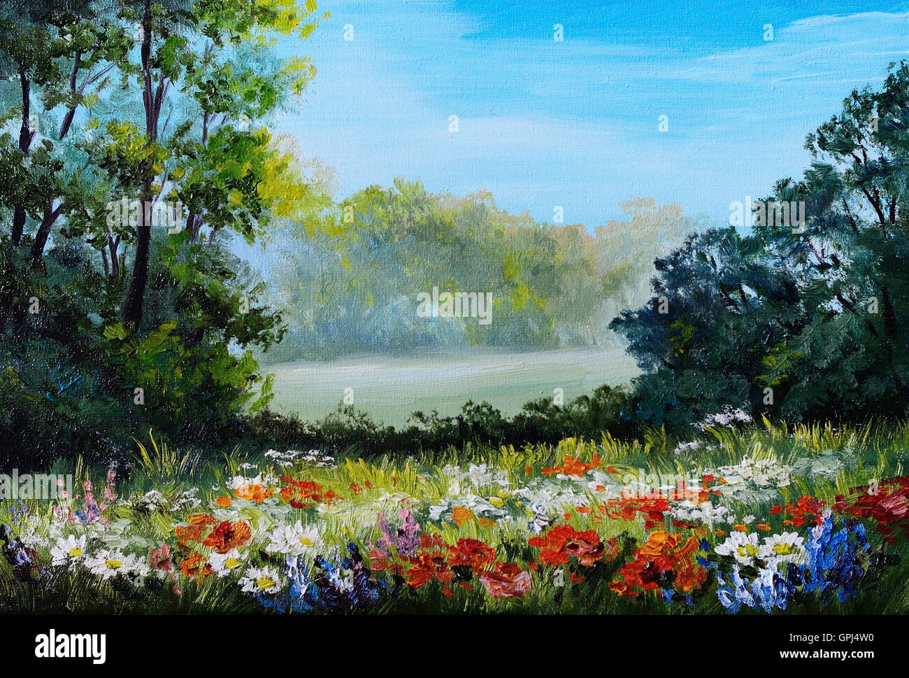 Ölgemälde - Feld mit Blumen und Wald abstrakte Zeichnung, Blumen; Wald Stockfoto
