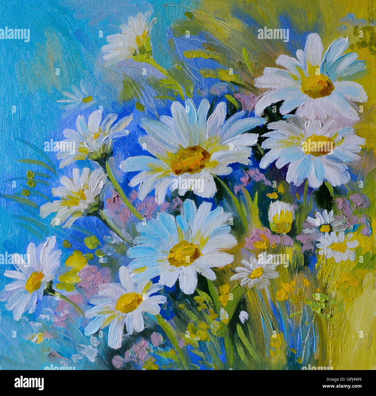Öl-Malerei - abstrakte Darstellung der Gänseblümchen, Blumen, Frühling, grünen Stockfoto