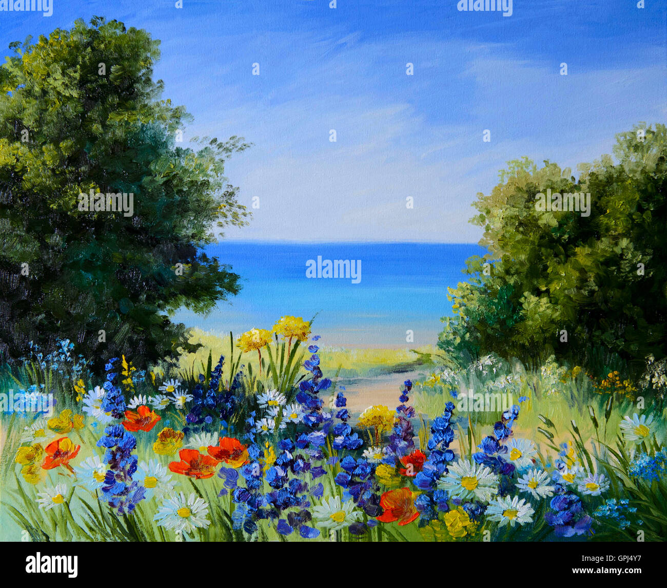 Ölgemälde Landschaft - Feld in der Nähe von Meer, wilde Blumen, Kunstwerke, Hintergrund Stockfoto