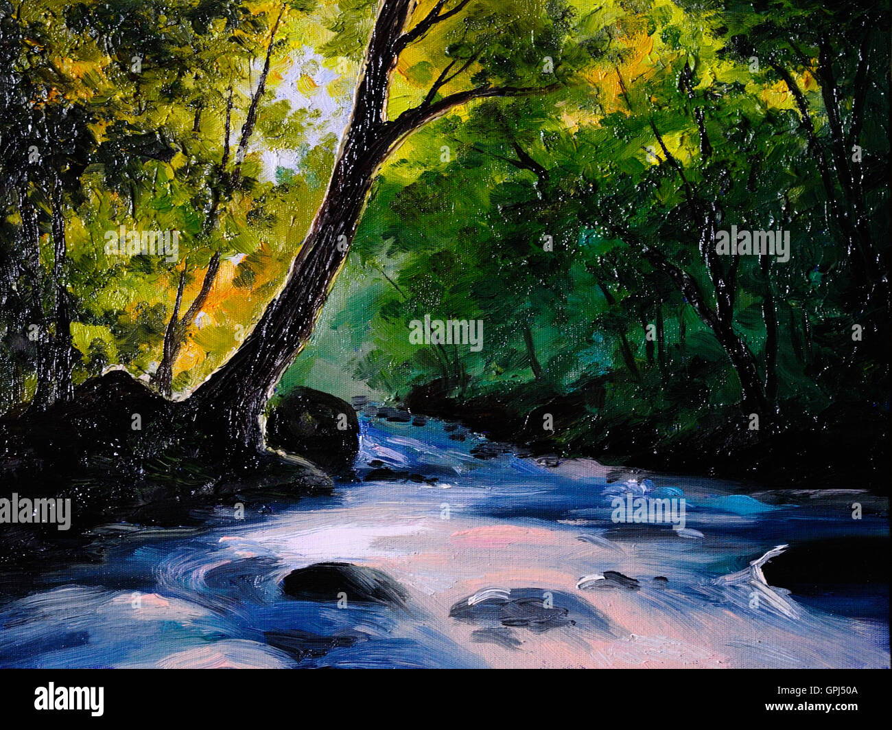 Malerei, Bild Ölgemälde auf Leinwand. Landschaft, Bergfluss, abstrakte Zeichnung, Aquarell, Tapete Stockfoto