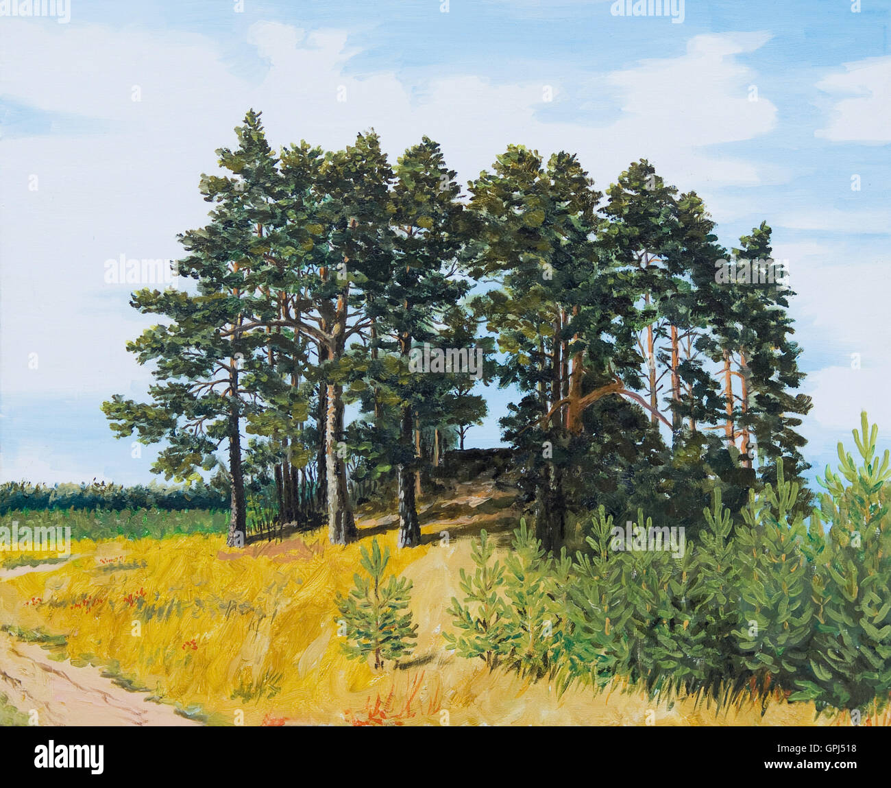 Ölgemälde - Kiefer im Feld, russische Landschaft, Nadelwald, buntes Bild, abstrakte Zeichnung, Herbst; Hintergrund Stockfoto