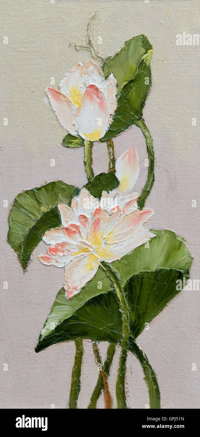 Ölgemälde - Lotusblüte, abstrakte Zeichnung, gemacht im Stil des Impressionismus, Tapete; Aquarell; weiß Stockfoto