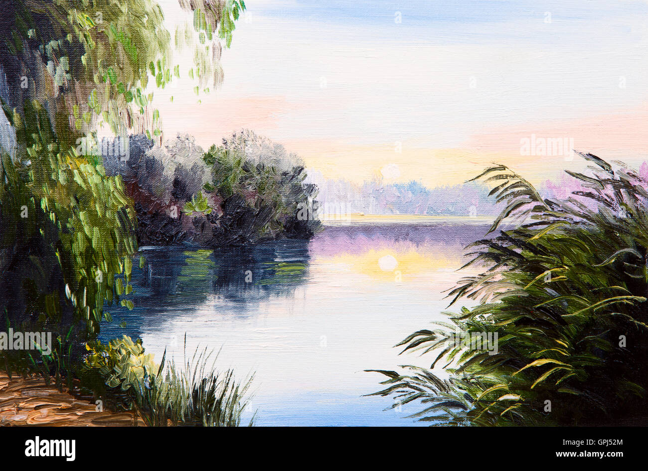 Ölgemälde - Sonnenaufgang auf die See, abstrakte Zeichnung, Impressionismus Stockfoto