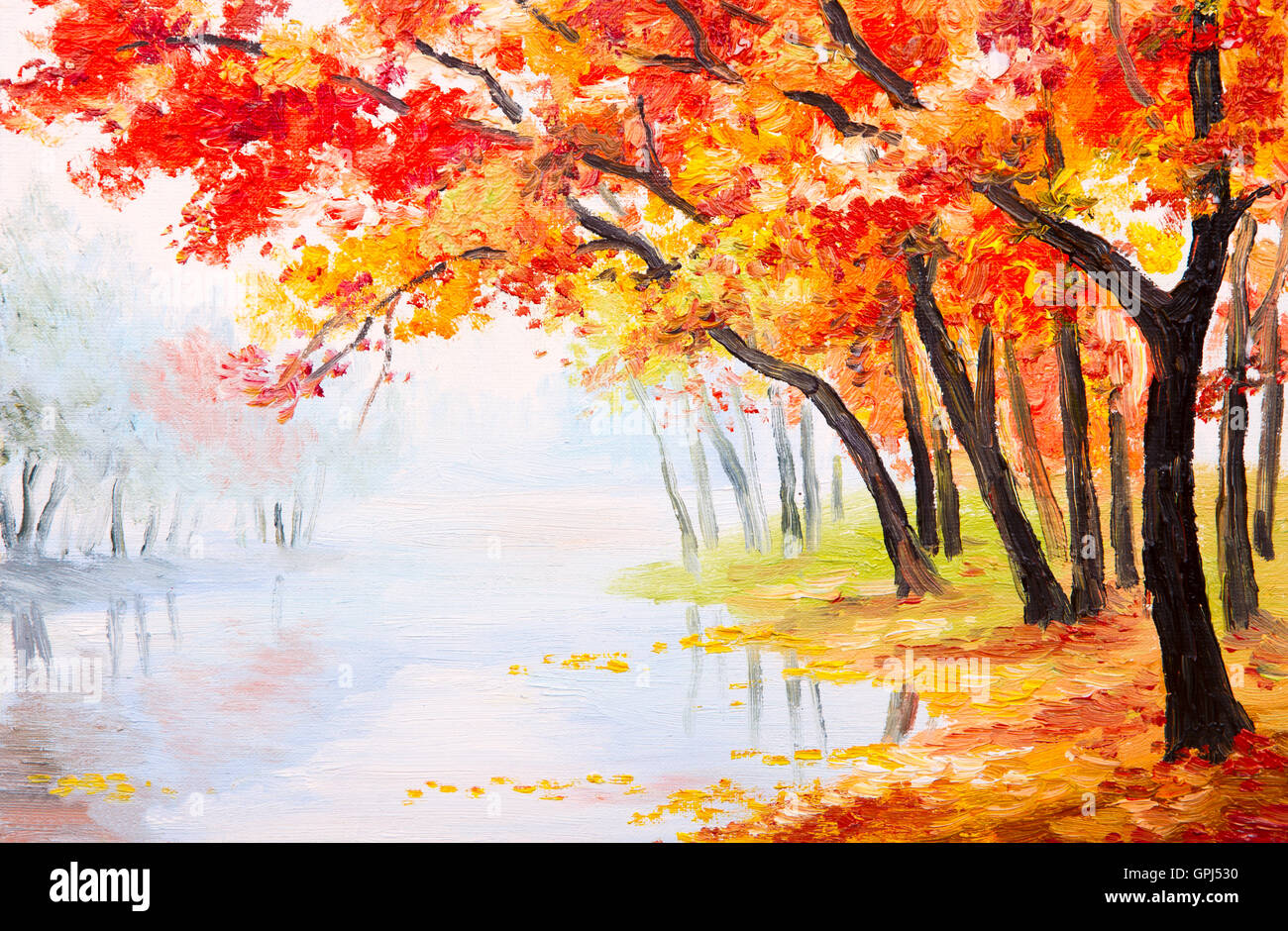 Ölgemälde Landschaft - Blätter Herbstwald nahe dem See, orange Stockfoto