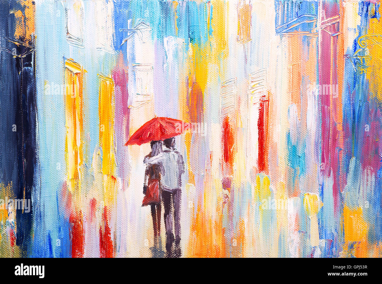 paar geht im Regen unter einem Regenschirm, bunte abstrakte Ölgemälde Stockfoto