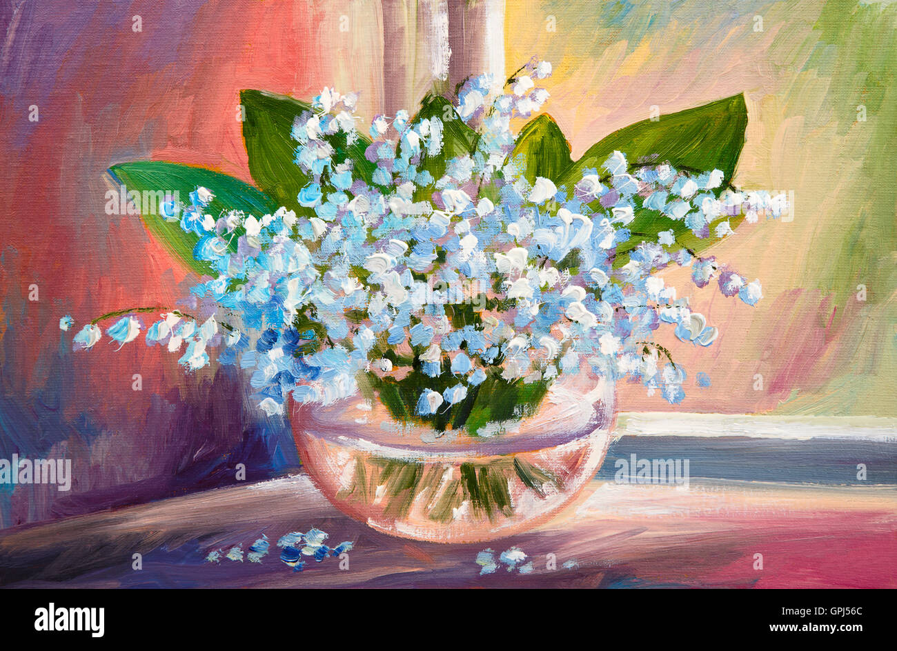Ölgemälde auf Leinwand - ein Bouquet von Lilien des Tales, Vase, wallpaper Stockfoto