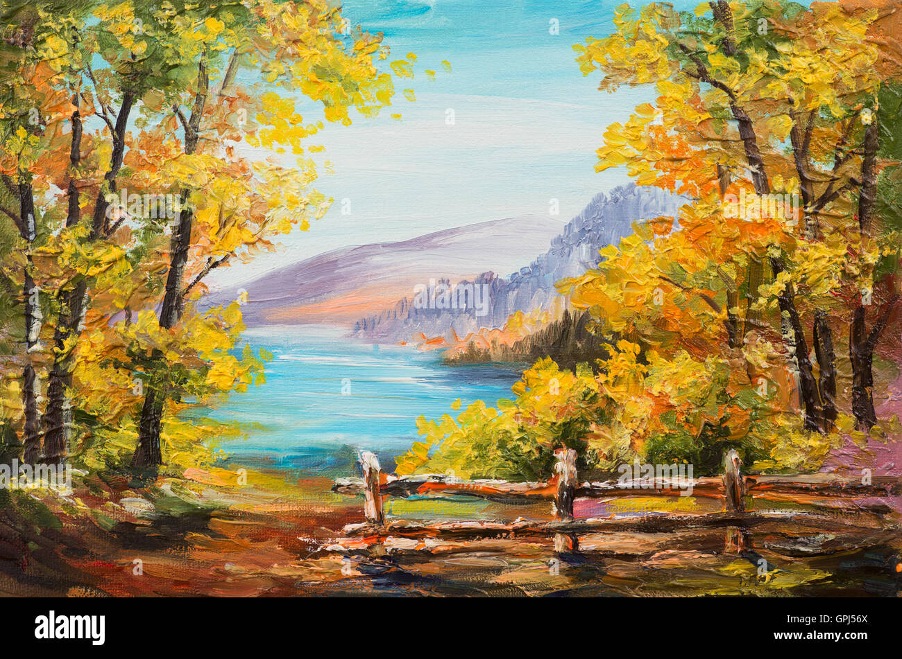 Ölgemälde Landschaft - bunten Herbstwald, Bergsee, Impressionismus Stockfoto