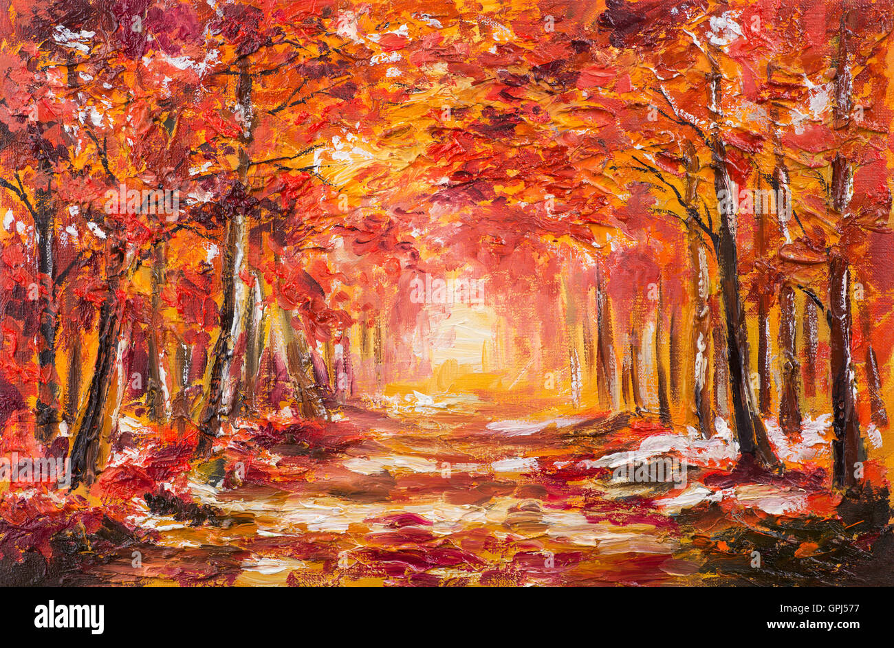 Ölgemälde Landschaft - bunten Herbstwald Stockfoto