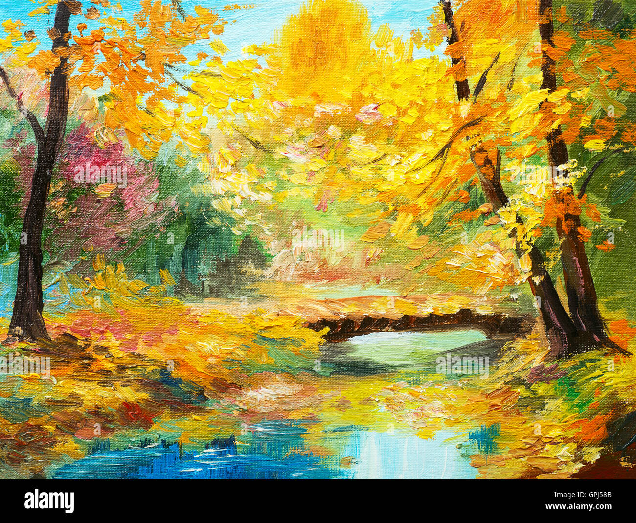 Ölgemälde Landschaft - bunten Herbstwald, schönen Fluss Stockfoto
