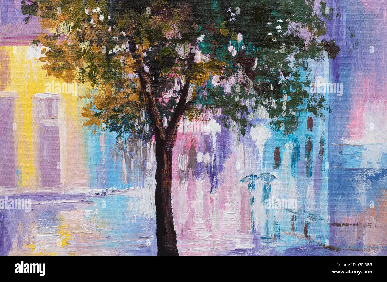 Impressionismus, Ölgemälde, Silhouette des Paares zu Fuß in den Regen, farbenfrohe Kunst abstrakt Stockfoto