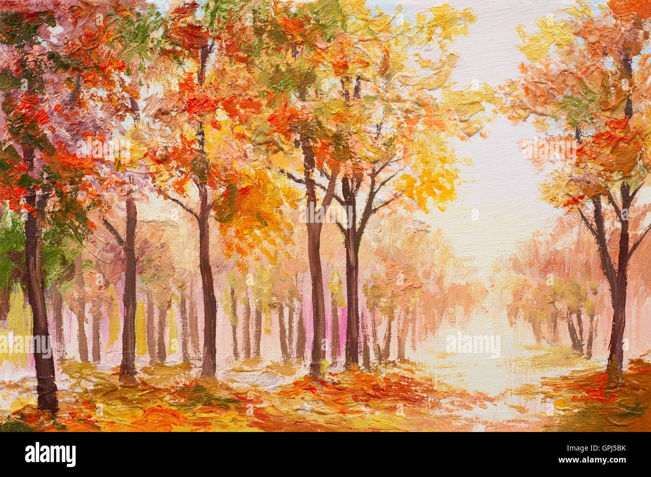 Ölgemälde Landschaft - bunten Herbstwald Stockfoto
