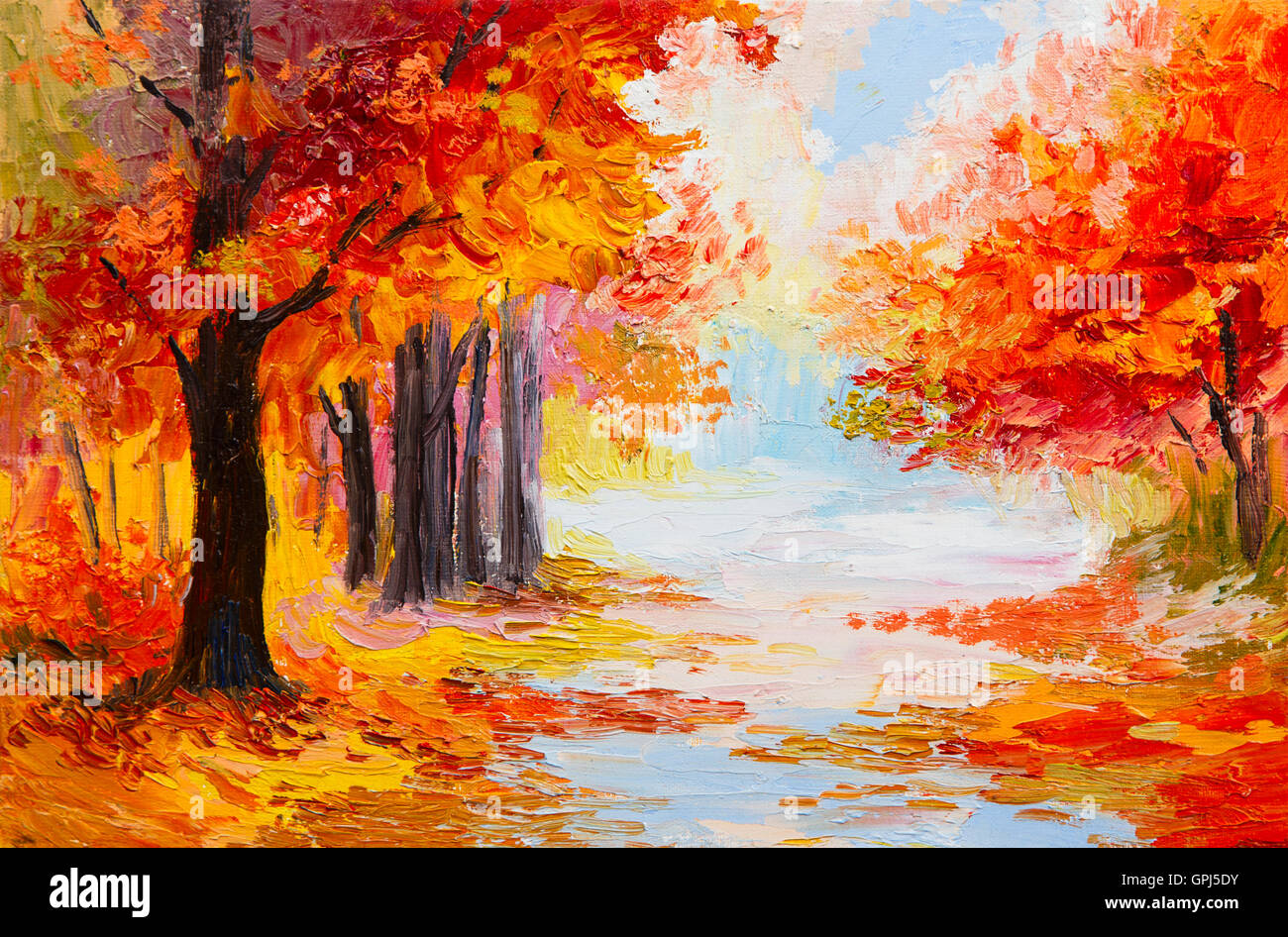 Ölgemälde Landschaft - bunten Herbstwald. Abstrakt malen Stockfoto