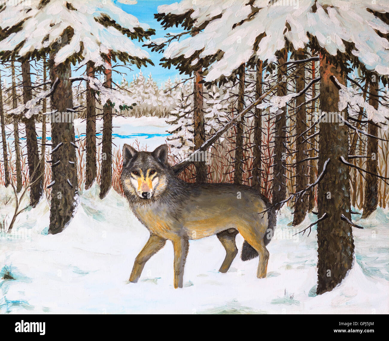 Ölgemälde - Wolf im Pinienwald, Winter, buntes Bild, abstrakte Zeichnung Stockfoto