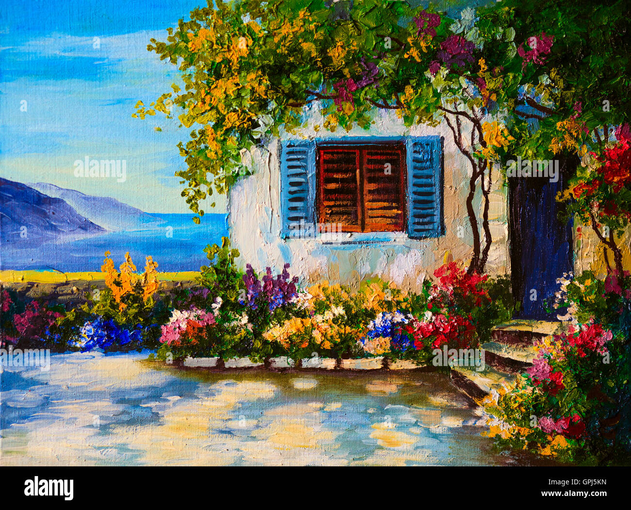 Ölgemälde auf Leinwand von einem schönen Häusern am Meer, abstrakte Zeichnung Stockfoto