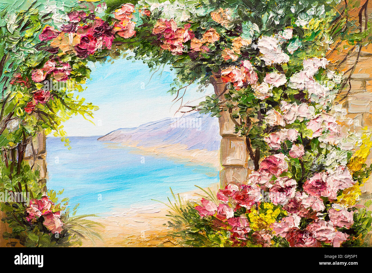 Ölgemälde Landschaft - Bogen in der Nähe von das Meer, Blumen Stockfoto