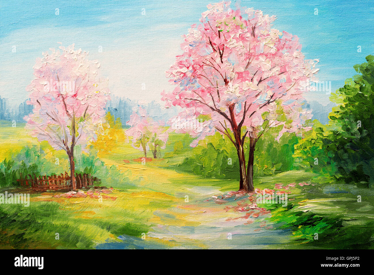 Öl-Malerei, bunten Wald, сherry Blüten, Kunst-Aquarell Stockfoto