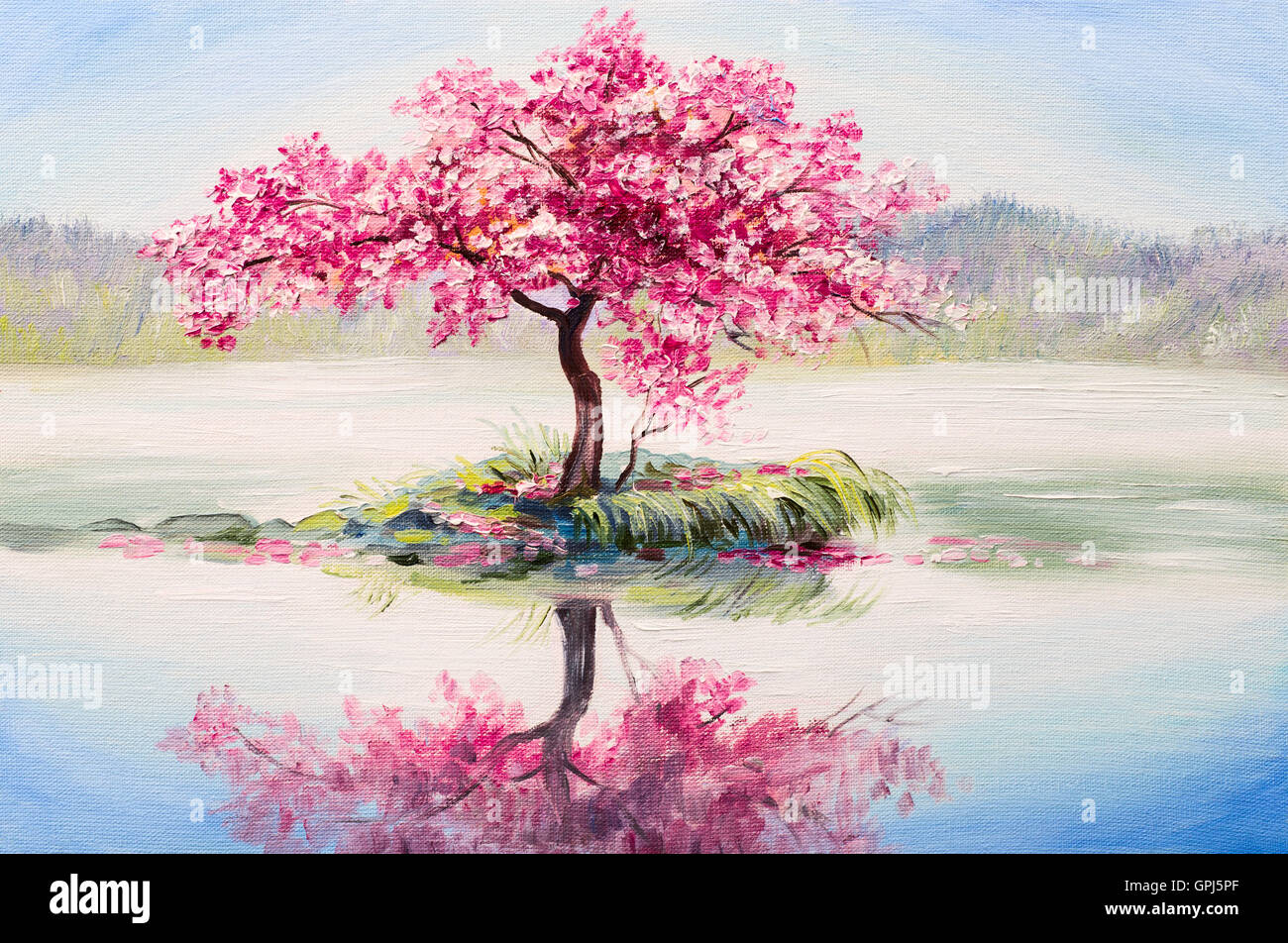 Ölgemälde Landschaft, orientalische Kirschbaum, Sakura auf dem See Stockfoto