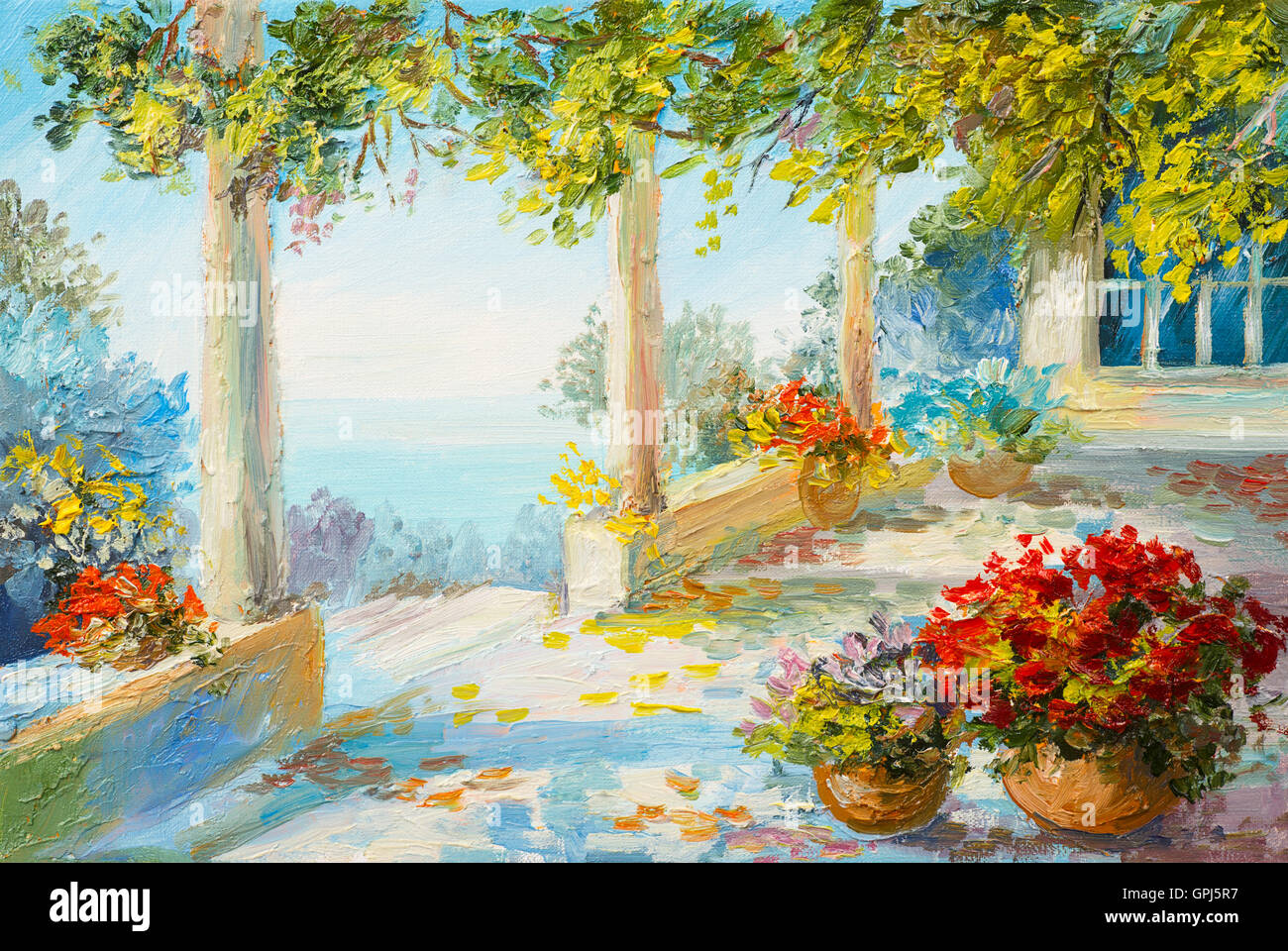 Ölgemälde Landschaft - Terrasse am Meer, Blumen Stockfoto