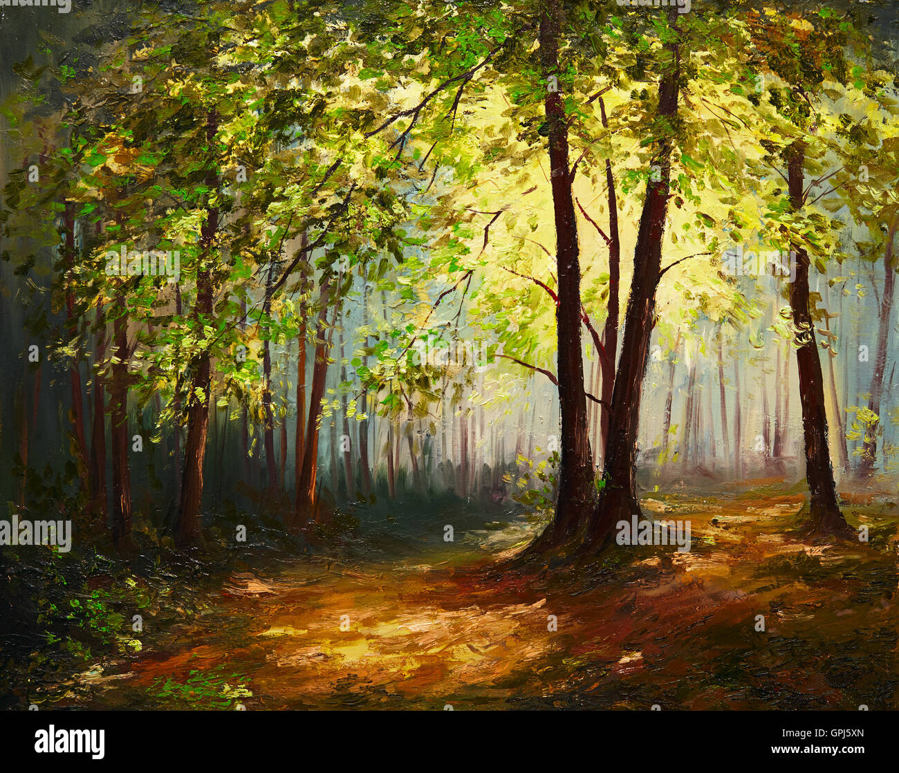 Ölgemälde Landschaft - Sommer Wald, farbenfrohe abstrakte Kunst Stockfoto