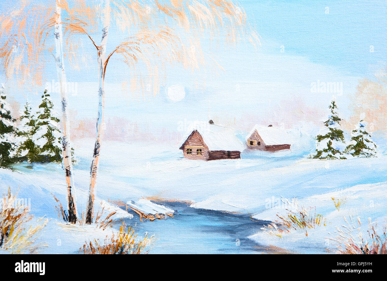 Ölgemälde von Winterwald mit Fluss Stockfoto