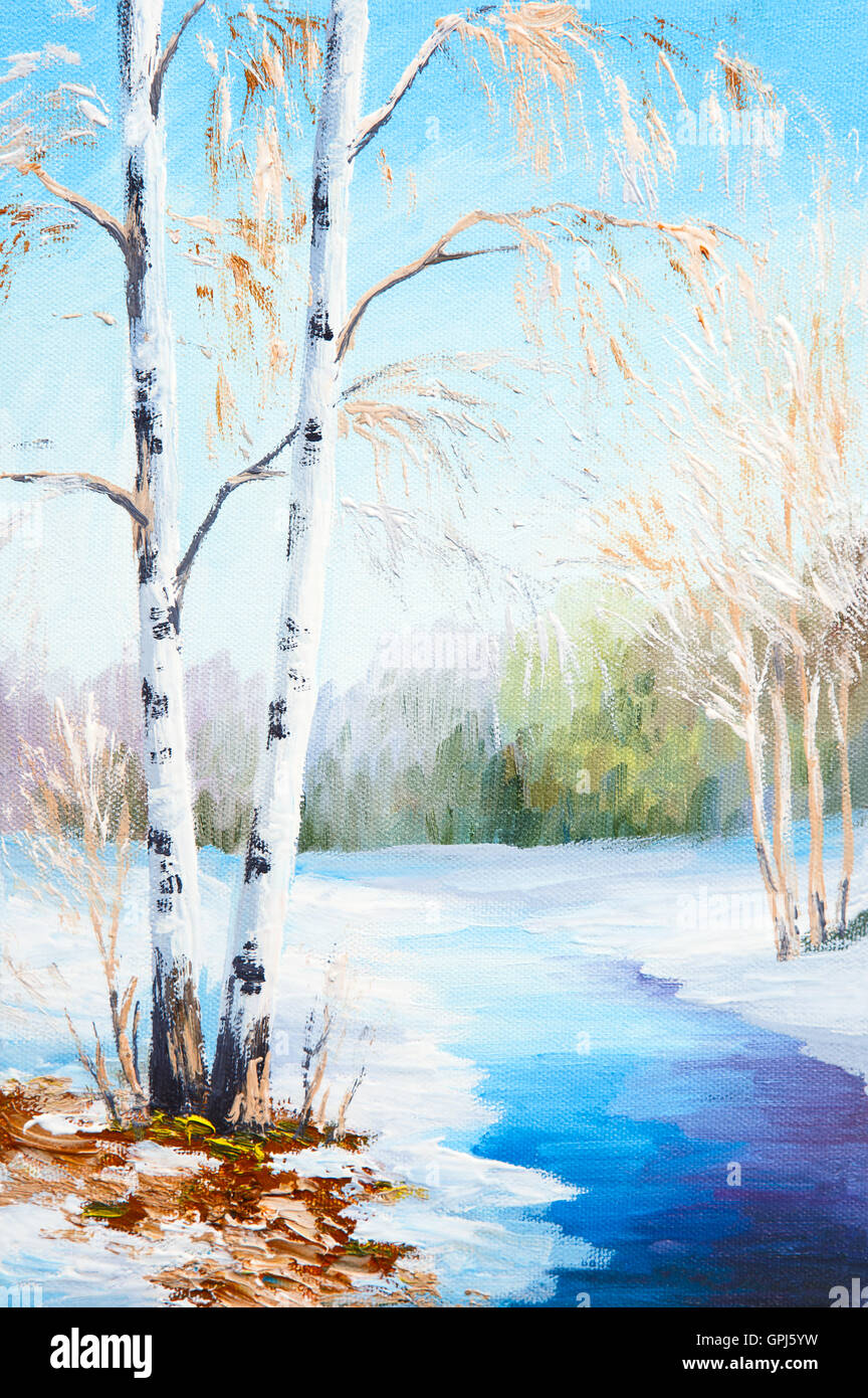 Ölgemälde von Winterwald mit Fluss Stockfoto