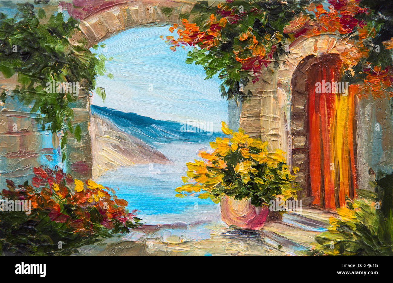 Ölgemälde - Haus in der Nähe von Meer, bunte Blumen, Sommer Seestück Stockfoto