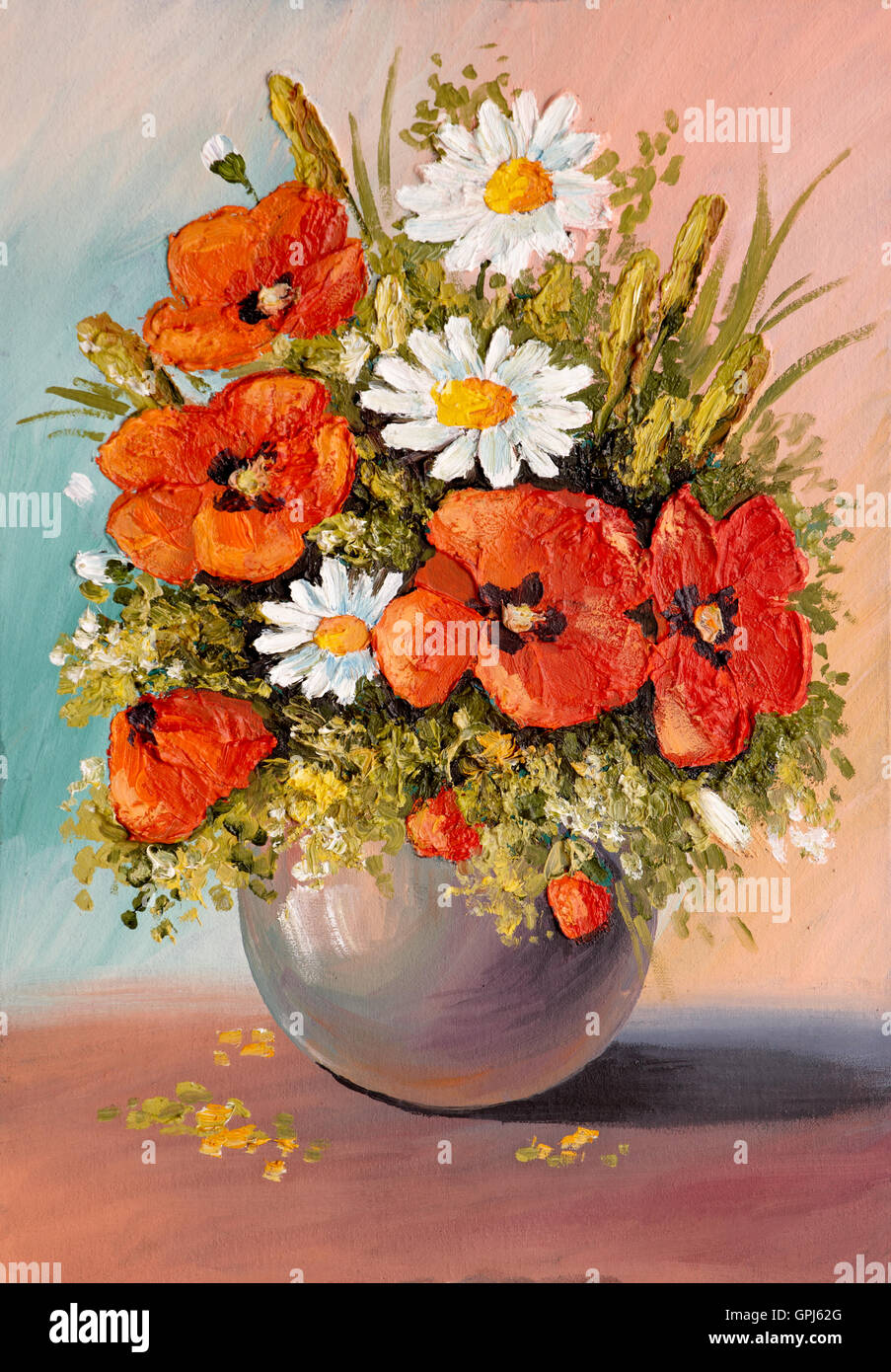 Ölgemälde - Stilleben, ein Blumenstrauß, Mohn, Tapete; Dekoration Stockfoto