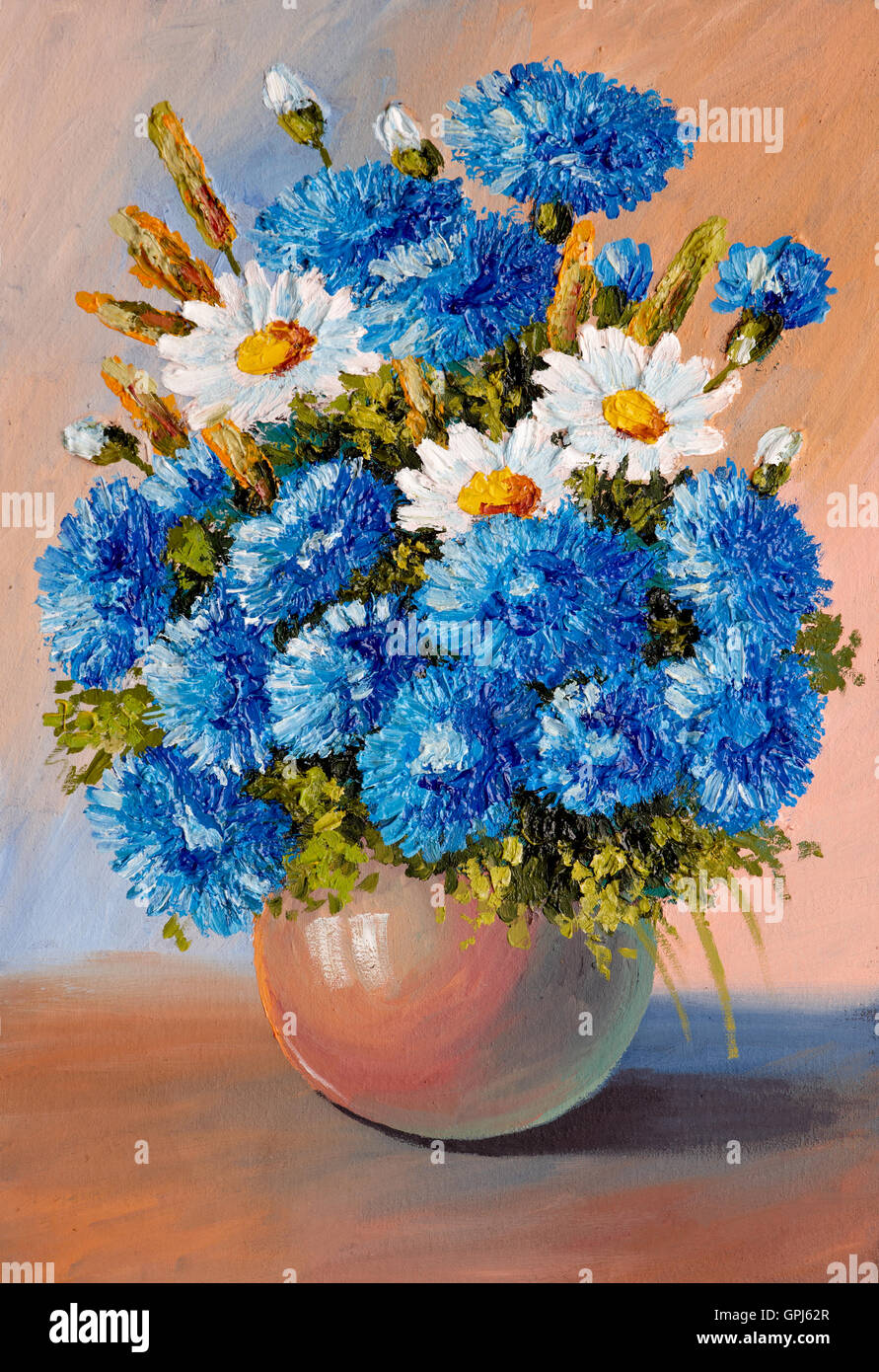 Ölgemälde - Stilleben, ein Blumenstrauß, Vase, Dekoration; Design Stockfoto