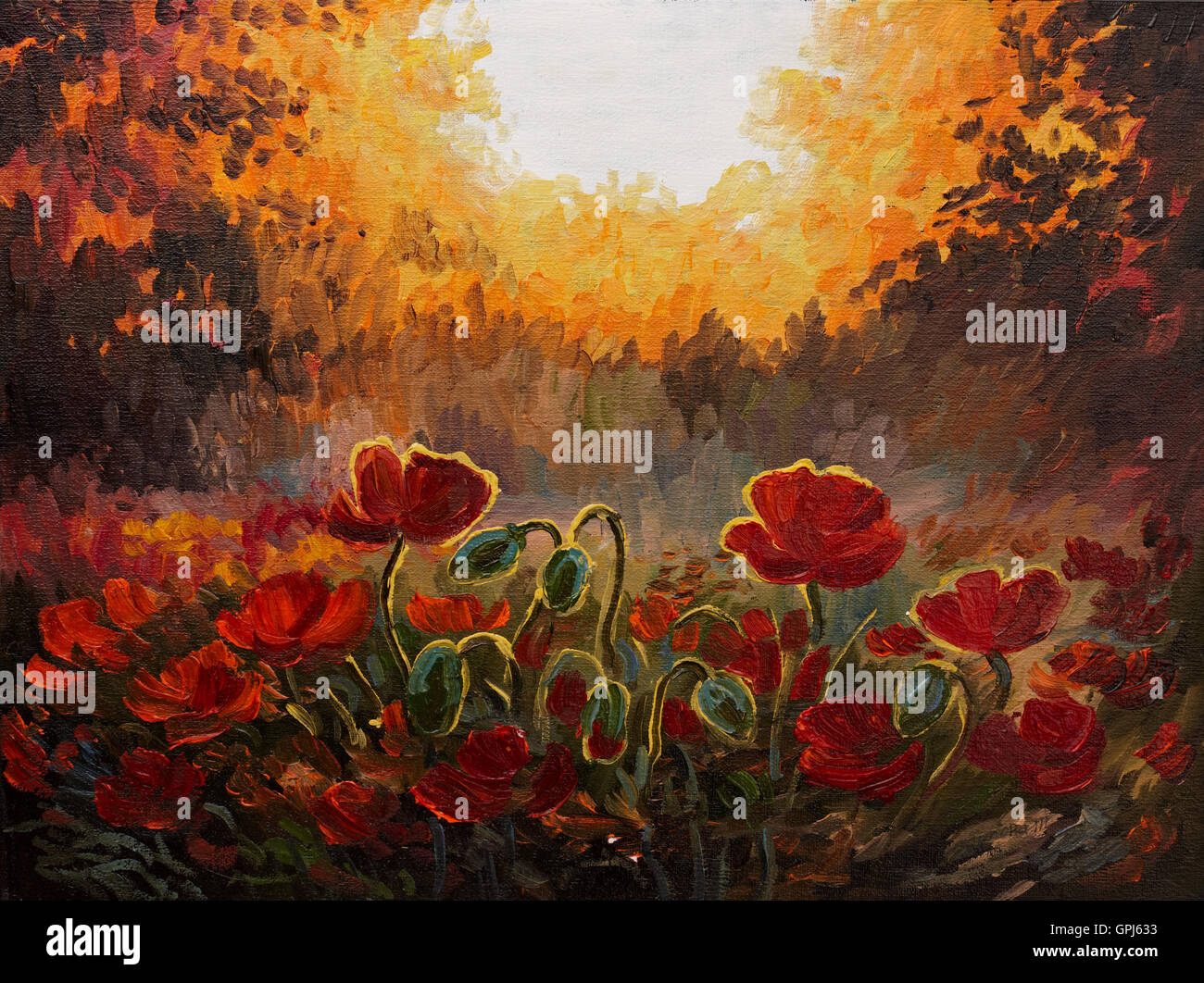 Öl-Malerei - abstrakte Abbildung von Mohn auf rot-gelben Hintergrund, Dekoration; Design Stockfoto