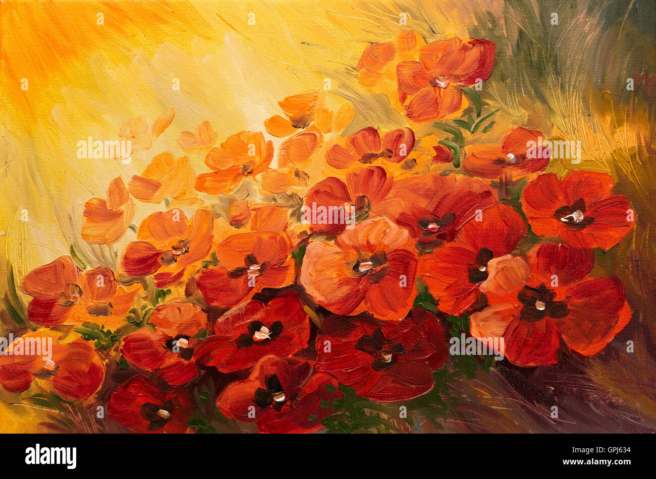 Öl-Malerei - abstrakte Abbildung von Mohn auf rot-gelben Hintergrund, Hintergrundbilder Stockfoto