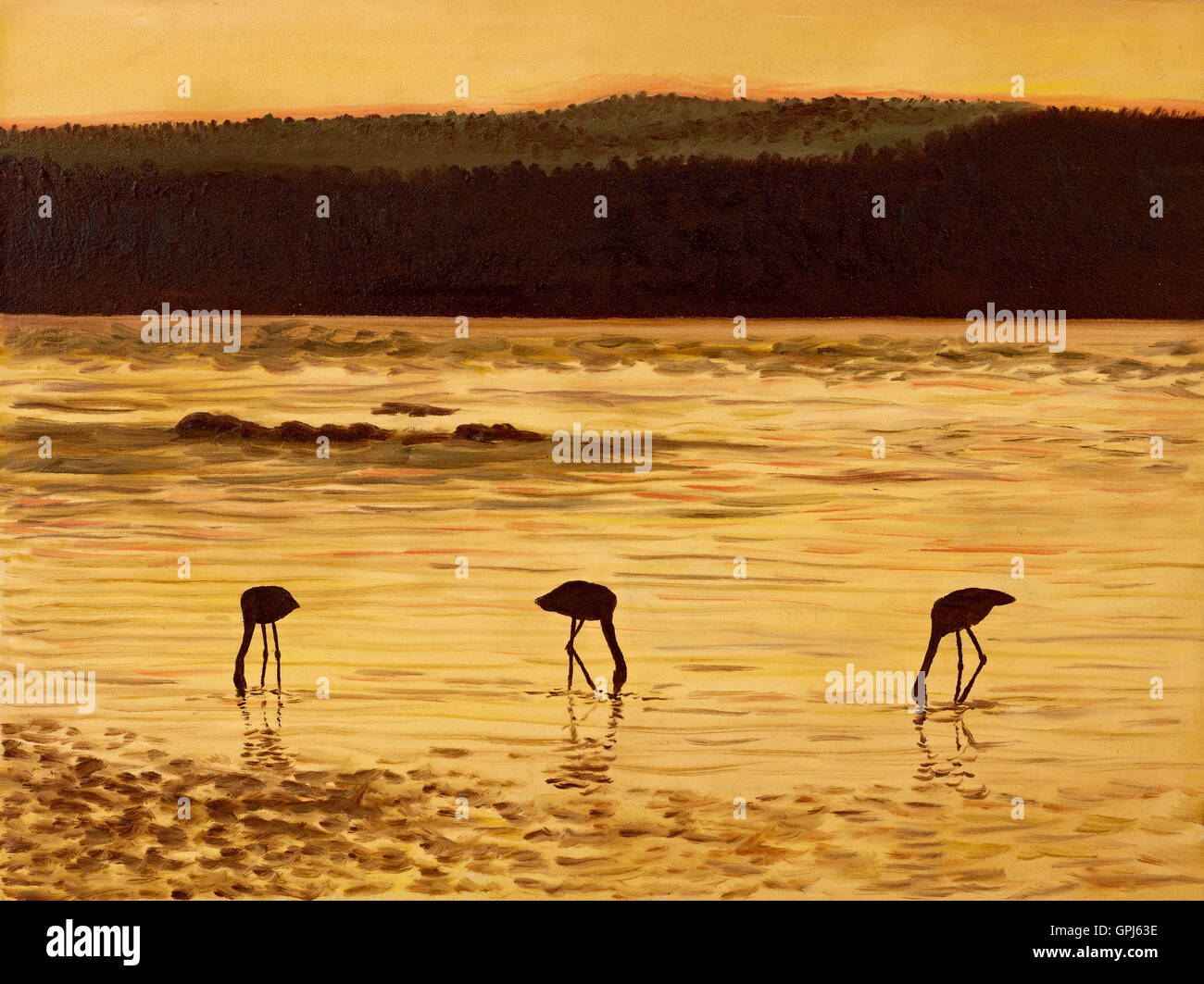 Ölgemälde - Flamingos bei Sonnenuntergang, Meer und Berge, Twilight, abstrakt, Dekoration; Design Stockfoto
