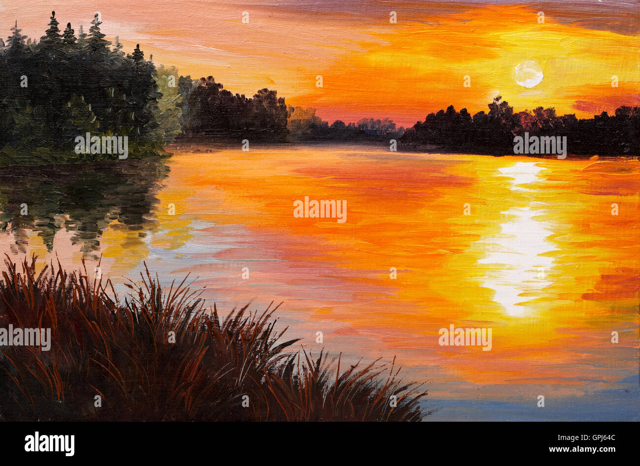 Öl auf Leinwand - See im Wald, Sonnenuntergang. abstrakte Malerei, Kunstwerk wurde im Stil des Impressionismus, Tapete aufgeführt. Stockfoto