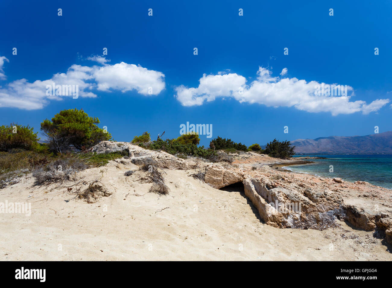 Antike griechische Stadt Ruinen der Stätte in Pounda exotischen Strand in Lakonien, Peloponnes, Griechenland Stockfoto