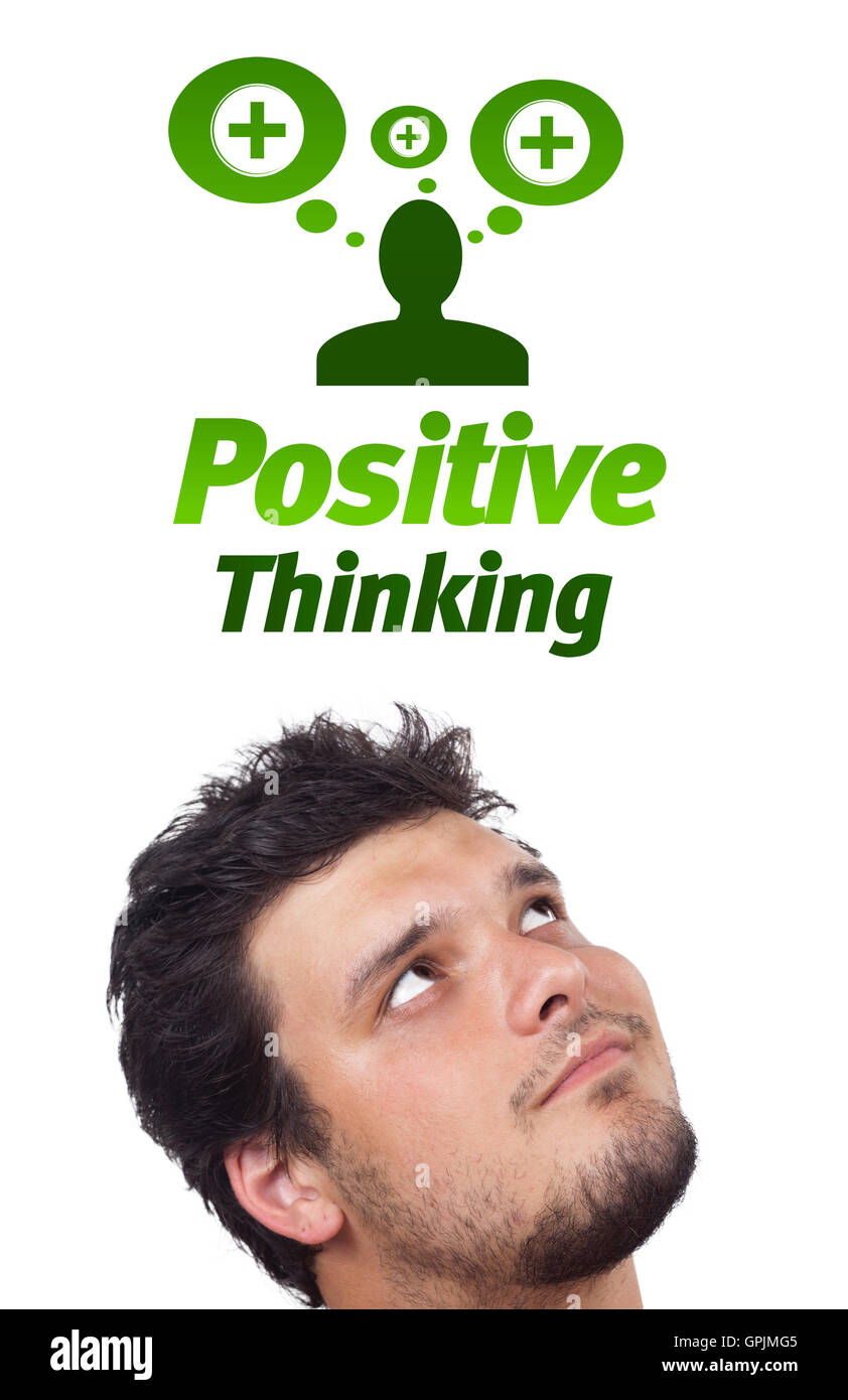 Junge Kopf Blick auf positive und negative Zeichen Stockfoto