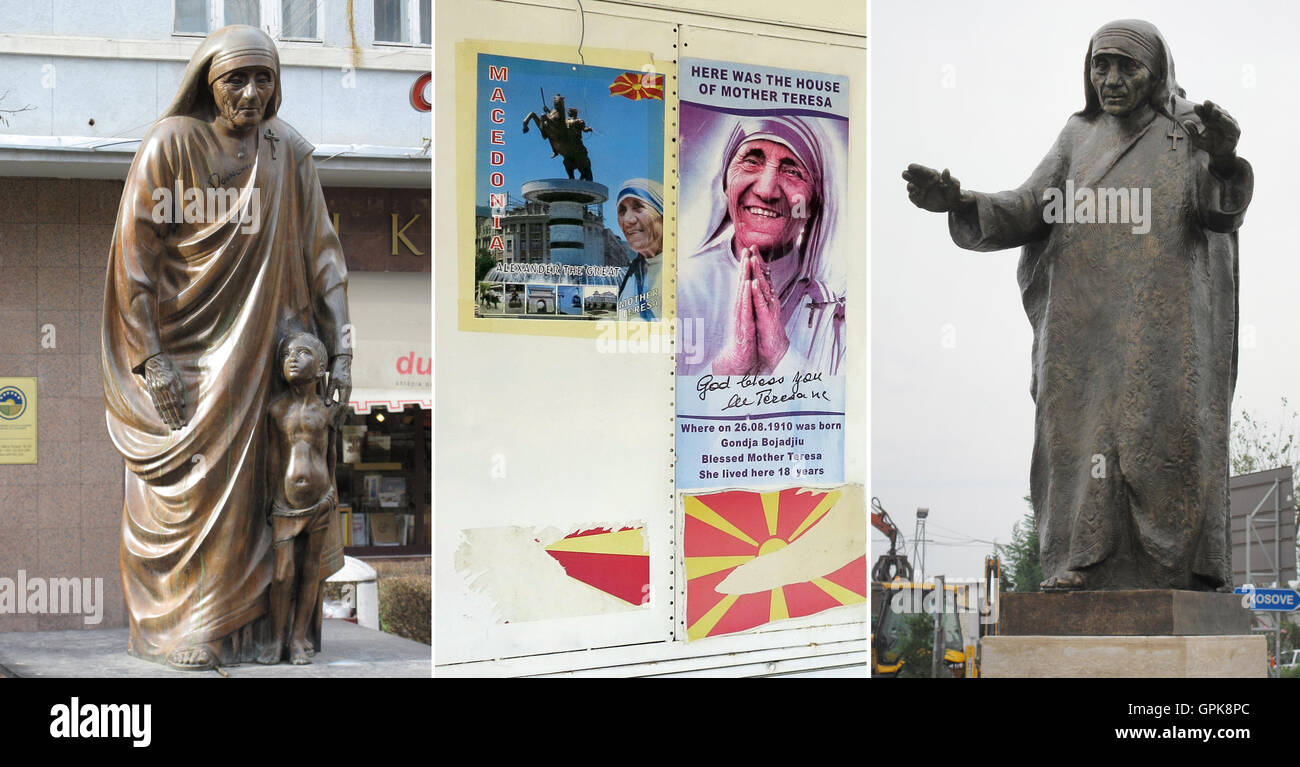 COMBO - die Foto-Combo zeigt eine Statue von Mutter Theresa im Zentrum von Pristina (l, 13. Februar 2016), Plakate an einen Kiosk am Geburtsort in der Hauptstadt von Mazedonien Skopje (c, 2. August 2015) und eine Statue auf dem Flughafen der albanischen Hauptstadt Tirana anlässlich der Ankunft des Papstes im Jahr 2014 (20. September 2015). Fotos: THOMAS BREY/dpa Stockfoto