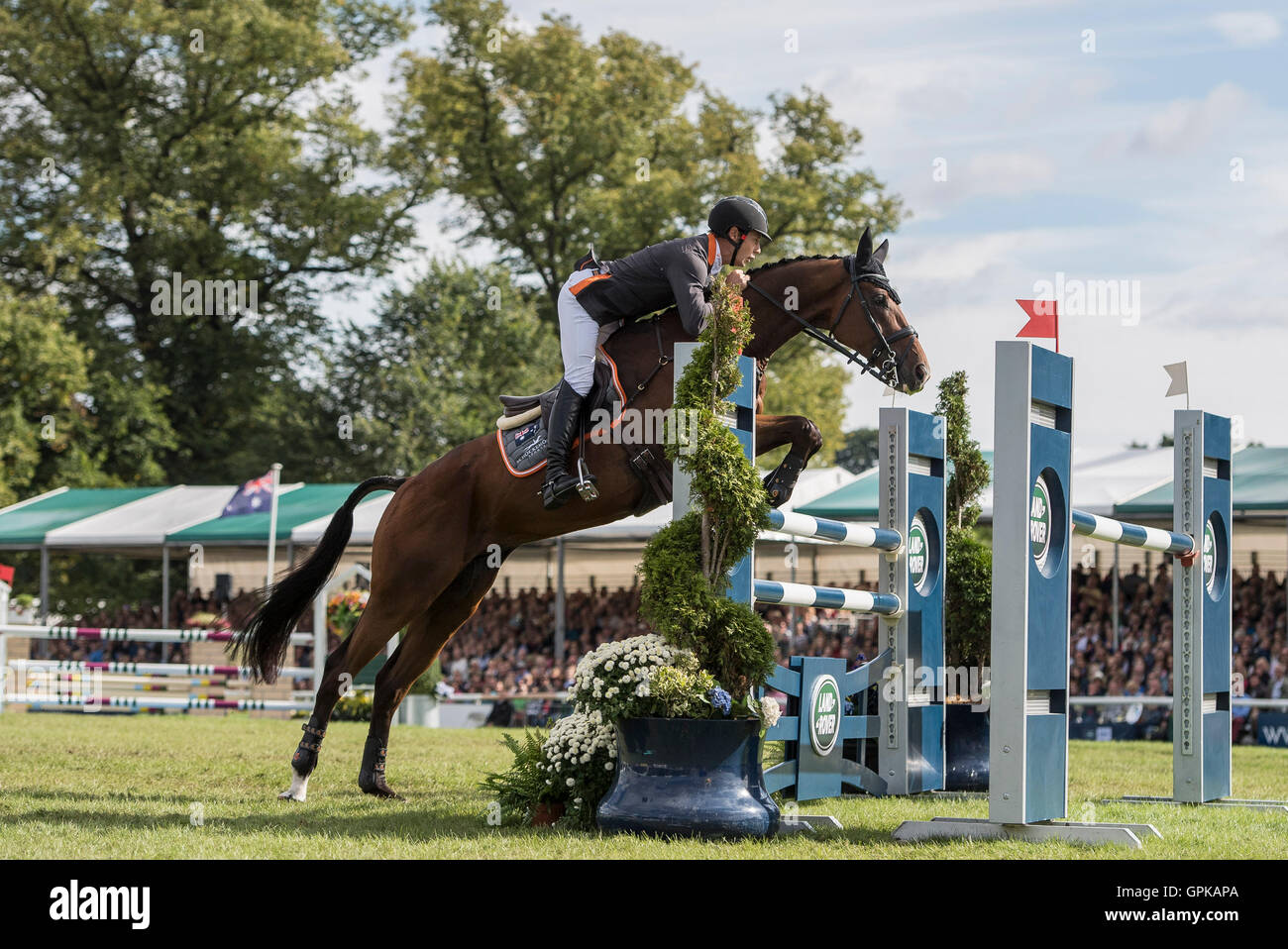 Burghley House, Burghley, UK. 04. September 2016. Land Rover Burghley Horse Trials. Springreiten. NOBILIS 18 (AUS) geritten von Christopher Burton stammt sicher über den letzten Zaun 2016 Burghley Horse Trials gewinnen © Action Plus Sport/Alamy Live News Stockfoto